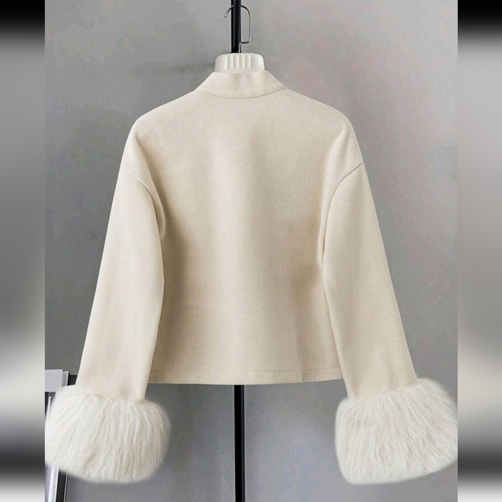Women Elegant Solid Color Coat With Faux Fur Cuff & Bow Decor, Autumn/Winter - Picture 2 of 6